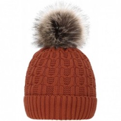 Skullies & Beanies Womens Beanie Winter Cable Knit Faux Fur Pompom Ears Beanie Hat - Single Pom_burnt Orange With Fur Pom - C...