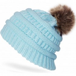 Skullies & Beanies Fashion Outdoor Winter Stretch Cable Knit Hat Bun Ponytail Beanie Cap - Blue - C818AOZ4QTY $18.73