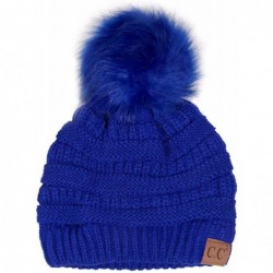 Skullies & Beanies Exclusive Soft Stretch Cable Knit Faux Fur Pom Pom Beanie Hat - Royal Blue - C612MZLFQ67 $26.12