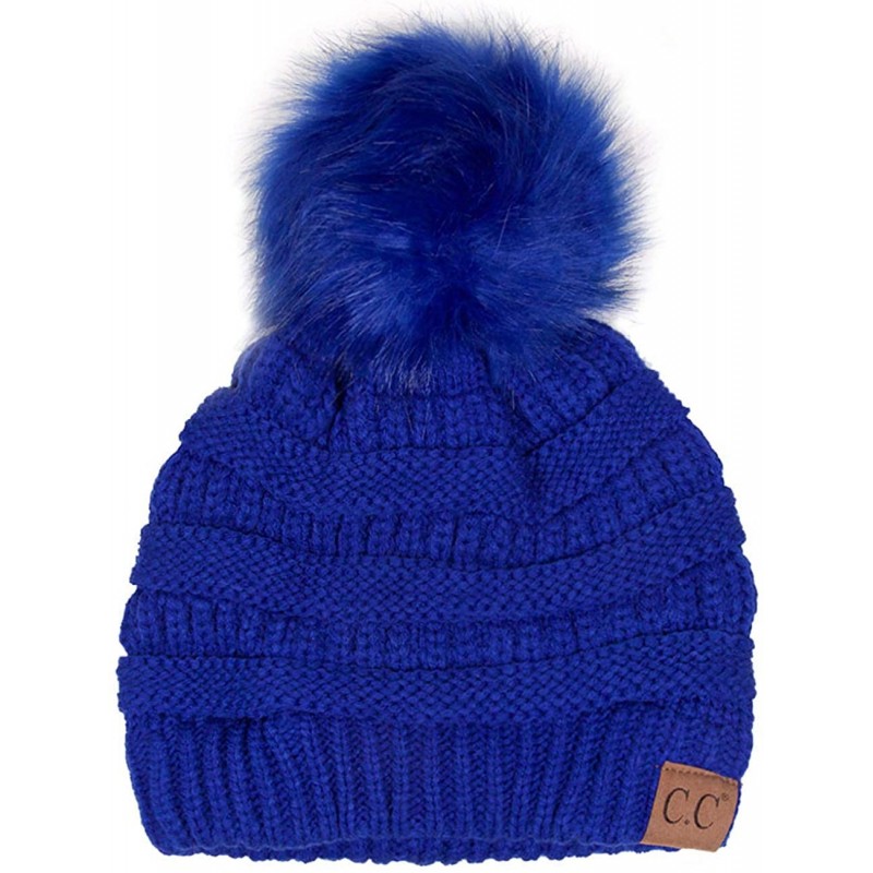 Skullies & Beanies Exclusive Soft Stretch Cable Knit Faux Fur Pom Pom Beanie Hat - Royal Blue - C612MZLFQ67 $19.16