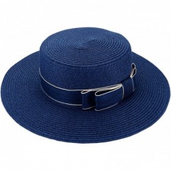 Sun Hats Women Straw Hat Bowknot Boater Summer Fedoras Beach Sun Hat - Navy - C018G29IUKD $30.73