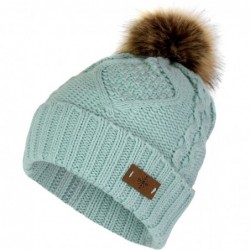 Skullies & Beanies Cable Knit Ski Cuff Beanie Hat w/Fur Pom Pom and Snow Tag- Soft Stretch Winter Cap - Mint - CQ186889QR6 $2...