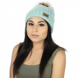 Skullies & Beanies Cable Knit Ski Cuff Beanie Hat w/Fur Pom Pom and Snow Tag- Soft Stretch Winter Cap - Mint - CQ186889QR6 $1...
