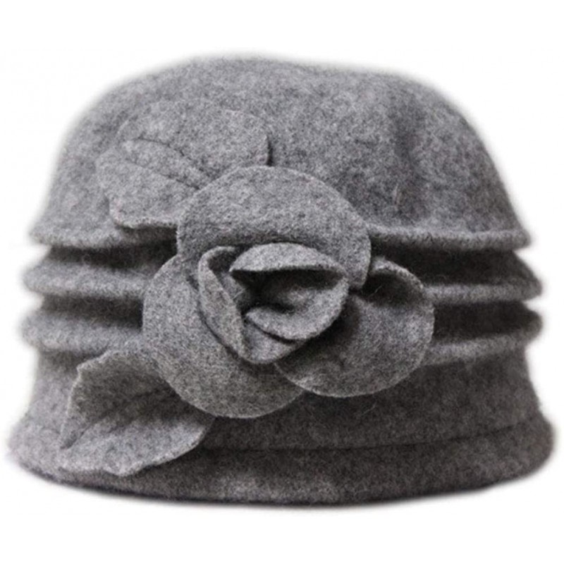 Bucket Hats Flower 100% Wool Dome Bucket Hat Winter Cloche Hat Fedoras Derby Hat - C-light Gray - C518HE0TEUD $17.22