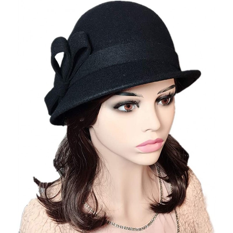 Bucket Hats Womens 100% Wool Contrast Color Bowknot Bucket Hat Cloche Hat Winter Hat - C-black - CL18I8C3NTM $24.15