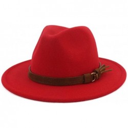 Fedoras Women's Woolen Wide Brim Fedora Hat Classic Jazz Cap with Belt Buckle - Red-1 - CT18XMDC8HI $18.76