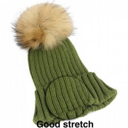 Skullies & Beanies Women Cable Knit Beanie Raccoon Fur Fuzzy Pompom Chunky Winter Stretch Skull Cap Cuff Hat - 04army Green -...