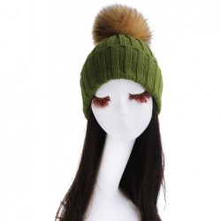 Skullies & Beanies Women Cable Knit Beanie Raccoon Fur Fuzzy Pompom Chunky Winter Stretch Skull Cap Cuff Hat - 04army Green -...