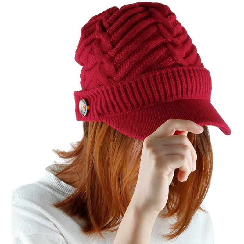 Skullies & Beanies Womens Beanie Hat with Visor-Winter Warm Cable Knit Ski Cap 2 or 1 Pack - 01-dark Red - C612NTJE1DD $15.50