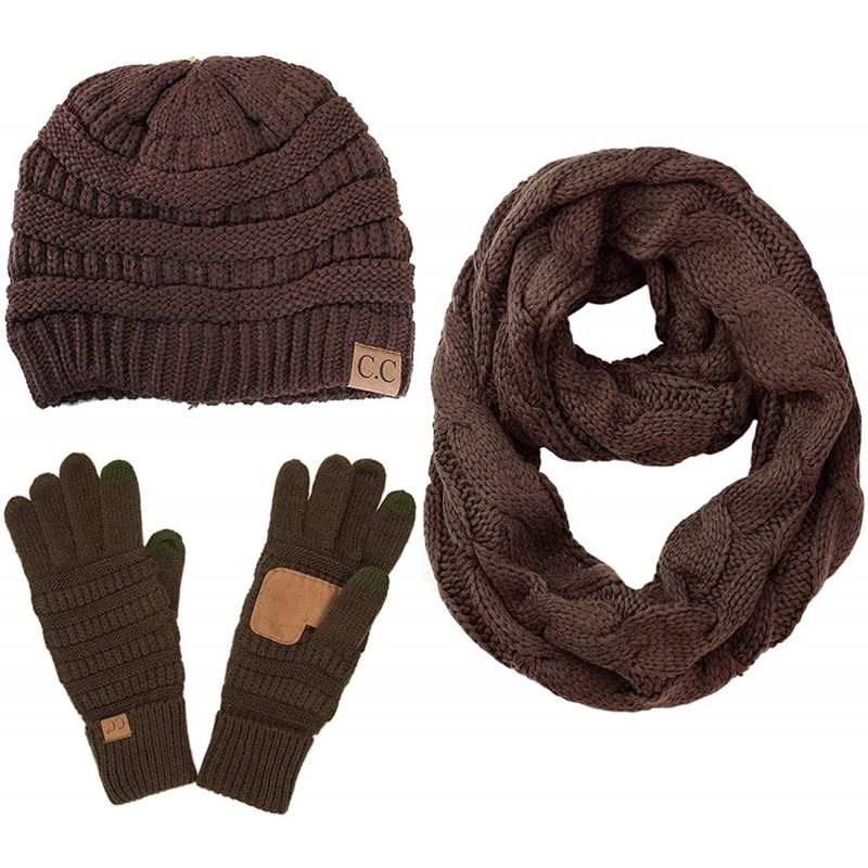 Skullies & Beanies 3pc Set Trendy Warm Chunky Soft Stretch Cable Knit Beanie Scarves Gloves Set - Brown - CD187GO6AWC $64.00