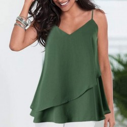 Rain Hats Women's Sexy Tops Fashion Solid Color Small Strap Double Ruffled Camisole Blouse - Green - CO18SSCZO84 $10.97