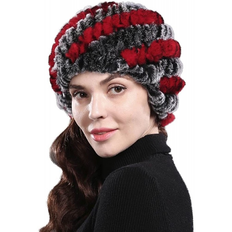 Skullies & Beanies Real Rex Rabbit Fur Knitted Women's Winter Warm Hat Cap - Grey/Red - C411LLIHJU1 $13.41