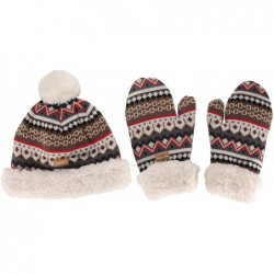 Skullies & Beanies Women's Classic Winter Fleeced Thermal Pom Pom Beanie Hat and Mittens Set - Brown Pattern - CY18H4LL0K5 $3...