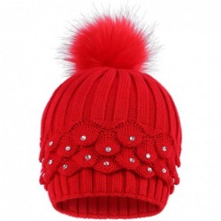 Skullies & Beanies Women's Faux Fur Pompom Winter Cable Knit Beanie with Sequins - Red - CT18838Y4A3 $23.31