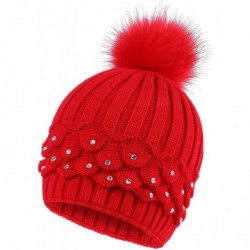 Skullies & Beanies Women's Faux Fur Pompom Winter Cable Knit Beanie with Sequins - Red - CT18838Y4A3 $16.57