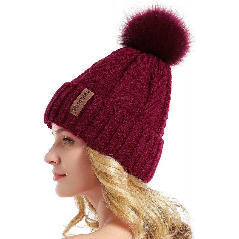 Skullies & Beanies Women Winter Knit Cable Hat Chunky Snow Cuff Cap with Faux Fur Pom Pom Beanie Hats - 06- Burgundy - CK18UL...