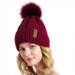 Skullies & Beanies Women Winter Knit Cable Hat Chunky Snow Cuff Cap with Faux Fur Pom Pom Beanie Hats - 06- Burgundy - CK18UL...