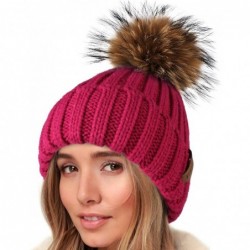 Skullies & Beanies Knit Beanie Hats for Women Double Layer Fleece Lined with Real Fur Pom Pom Winter Hat - CM18UWCXA0E $41.03