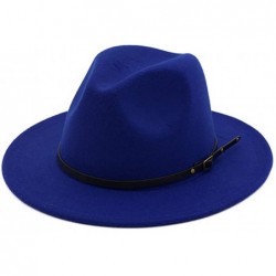 Fedoras Women's Classic Wide Brim Fedora Hat with Belt Buckle Felt Panama Hat - Blue - C018K746XZK $30.70