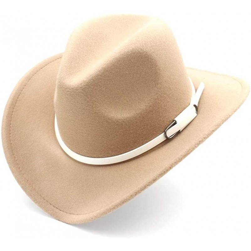 Cowboy Hats Wool Blend Wide Brim Western Cowboy Hat Cowgirl Jazz Cap White Leather Belt - Khaki - CW18IIAK69Q $26.10