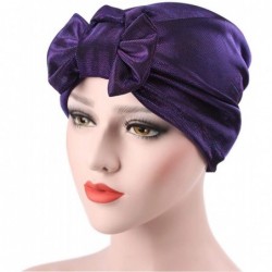 Skullies & Beanies Women Solid Bow Pre Tied Cancer Chemo Hat Beanie Turban Stretch Head Wrap Cap - Purple - CH18AA9UGKW $11.44