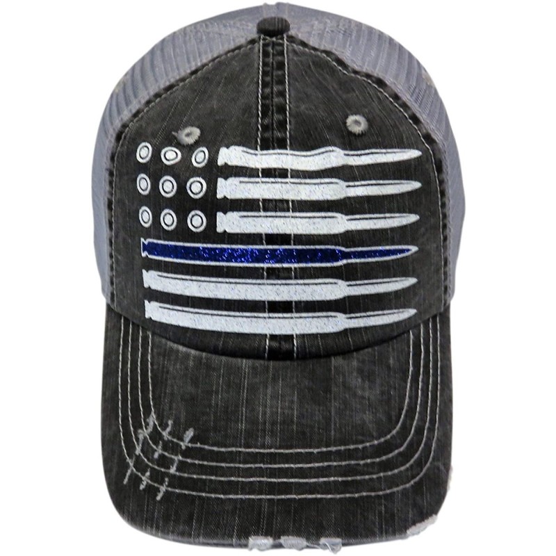 Baseball Caps White and Blue Glitter Bullet/Flag Distressed Look Grey Trucker Cap Police - C618685LHTK $46.65
