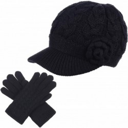 Newsboy Caps Women's Winter Fleece Lined Elegant Flower Cable Knit Newsboy Cabbie Hat - Black Cable Flower-hat Gloves Set - C...