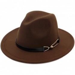 Fedoras Women Men Wool Felt Fedora Hats with Belt Buckle Wide Flat Brim Jazz Party Formal hat Panama Cap - Pink - C818OYUHLE9...