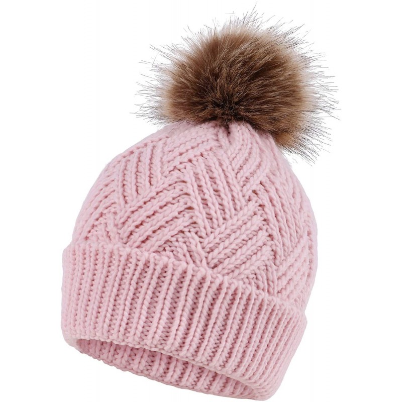 Skullies & Beanies Women's Diamond Weave Knit Faux Fur Pompom Winter Beanie - Pink - CU1883E6WE4 $12.86