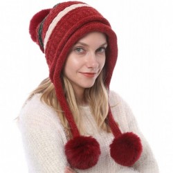 Skullies & Beanies Women Winter Peruvian Beanie Knitted Ski Cap with Ear Flaps Dual Layered Pompoms - Red - CQ18ZW34T50 $35.45