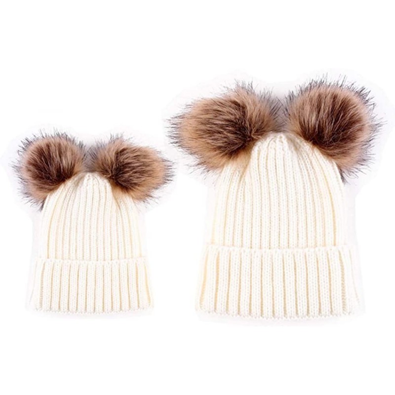 Skullies & Beanies Parent-Child Matchy Hat Winter Mom Baby Double Pompom Faux Fur Beanie Ski Cap - White - C018L8OU4R4 $23.81