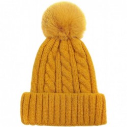 Skullies & Beanies Winter Beanie Knit Hat with Faux Fur Pom Pom Slouchy Soft Warm Stretch Cable Ski Cap for Women - Yelow - C...