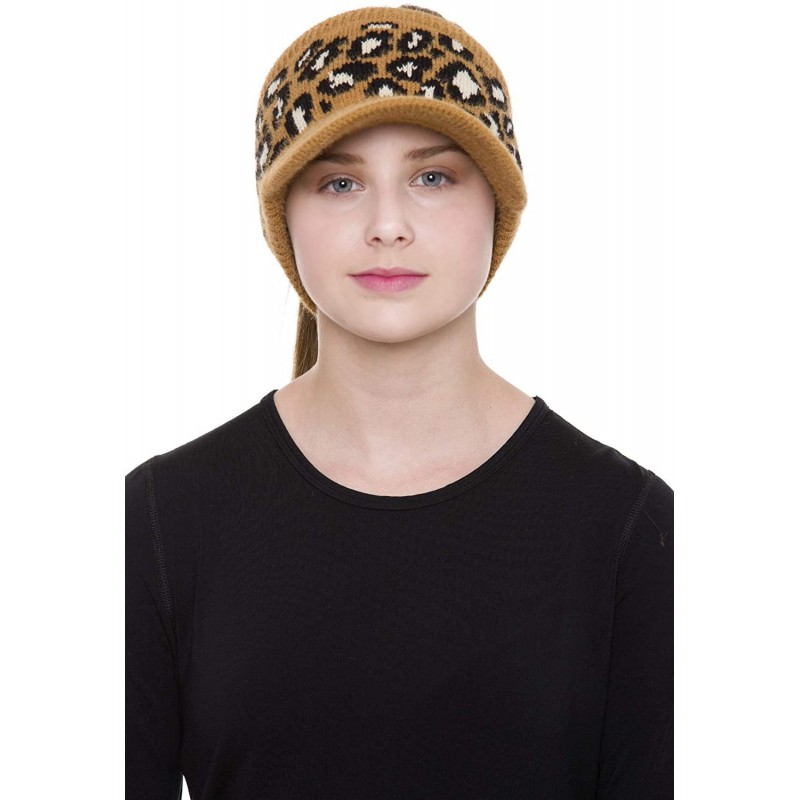 Skullies & Beanies Women's Warm Soft Winter Leopard Detailed Ponytail Beanie Knit Hat Skull Cap - Camel - CQ18AUSNRZT $13.05