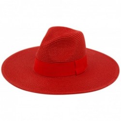 Fedoras Straw Panama Fedora Sun Hat in Solid Color W/Black Grosgrain Band Trim - Red - CE17WTU4AX2 $43.68