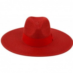 Fedoras Straw Panama Fedora Sun Hat in Solid Color W/Black Grosgrain Band Trim - Red - CE17WTU4AX2 $41.96