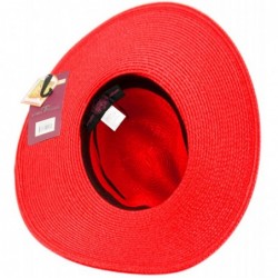 Fedoras Straw Panama Fedora Sun Hat in Solid Color W/Black Grosgrain Band Trim - Red - CE17WTU4AX2 $41.96