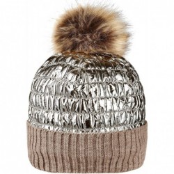 Skullies & Beanies Winter Knit Hats for Women Thick Pom Pom Metallic Shiny Beanies Ski Cap - Dark Khaki- Tan - C018ACCCUXK $2...