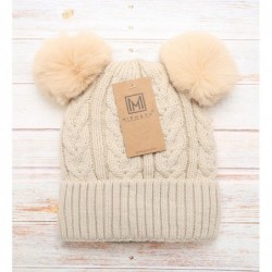 Skullies & Beanies Women's Winter Cable Knitted Faux Fur Double Pom Pom Beanie Hat with Plush Lining. - Beige W/Out Logo - C9...