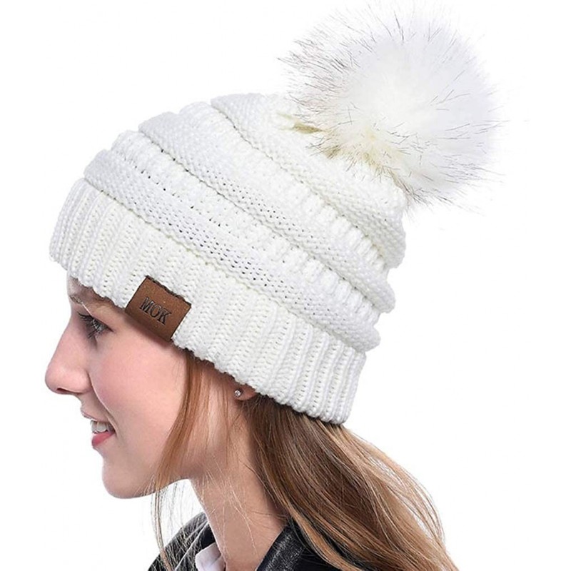 Skullies & Beanies Women Casual Knit Hats Beanie Hat Large Pom Ladies Winter Warm Cap - White-2 - C618AYXAEGC $11.71