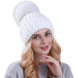 Skullies & Beanies Winter Women's Genuine Fox Fur Pom Pom Trend Wool Knitted Beanie Hat - White - C3186IAA7OM $34.84