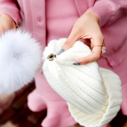 Skullies & Beanies Winter Women's Genuine Fox Fur Pom Pom Trend Wool Knitted Beanie Hat - White - C3186IAA7OM $20.83