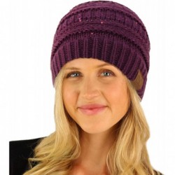 Skullies & Beanies Winter Trendy Soft Cable Knit Stretchy Warm Ribbed Beanie Skully Ski Hat Cap - Sequins Purple - C418HAXN62...