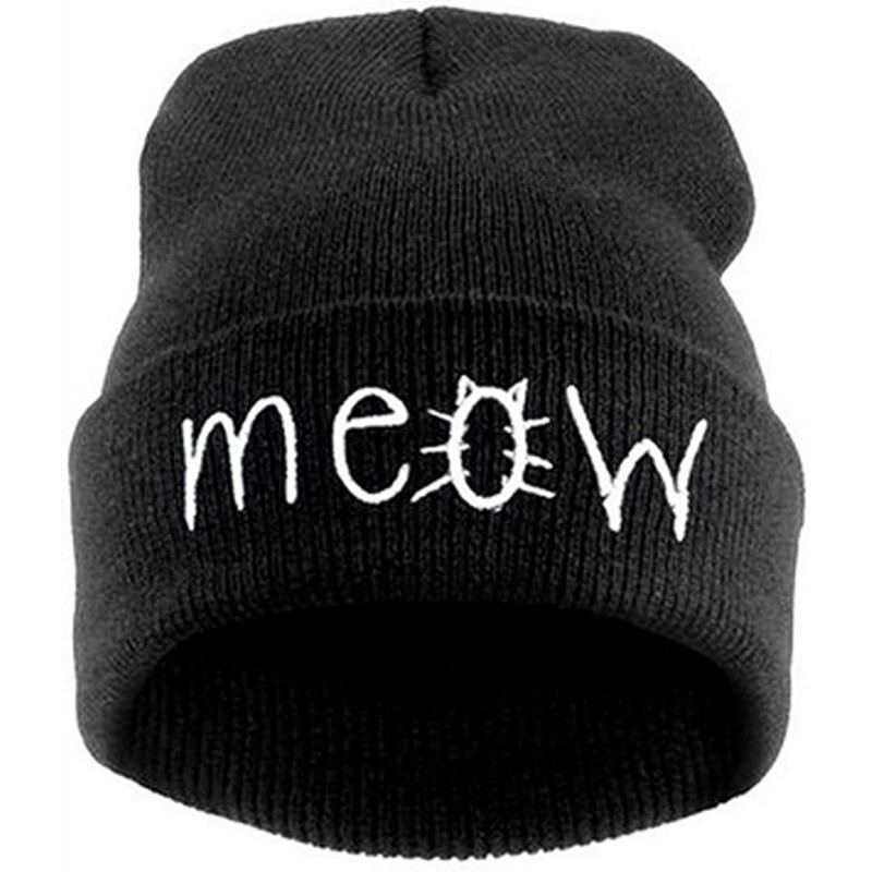 Skullies & Beanies Women's Winter Wool Cap Hip hop Knitting Skull hat - Meow Cat Black - C912NSPYKO7 $17.83