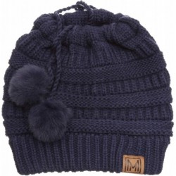 Skullies & Beanies Women's Ponytail Messy Bun Beanie Ribbed Knit Hat Cap with Adjustable Pom Pom String - Navy - CE18H4EW05R ...