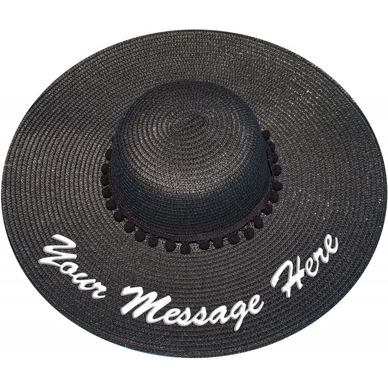 Sun Hats Custom Womens Floppy Sun Straw Hat - Embroider Your Own Words- Wide Brim - Black + Black Pompom - CH182GZ767Z $66.38