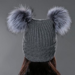 Skullies & Beanies Unisex Autumn Knit Wool Beanie Hat Women Winter Hat with Fur Ball Pom Pom - Gray With Fox Fur Pompom - CS1...