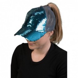 Baseball Caps Womens Baseball Cap High Ponytail Messy Bun Glitter Sequin Rave Mesh Hat - Teal/Silver - Combo Colors Sequins -...