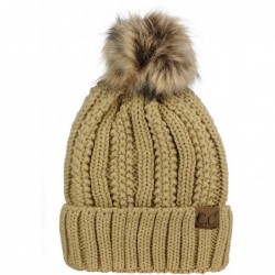 Skullies & Beanies Thick Cable Knit Faux Fuzzy Fur Pom Fleece Lined Skull Cap Cuff Beanie - Camel - C618GXD6DK0 $30.13