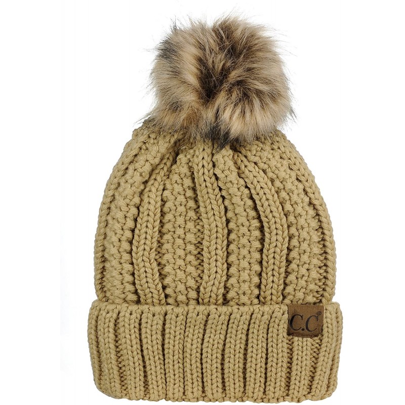 Skullies & Beanies Thick Cable Knit Faux Fuzzy Fur Pom Fleece Lined Skull Cap Cuff Beanie - Camel - C618GXD6DK0 $33.74