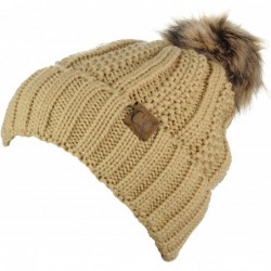 Skullies & Beanies Thick Cable Knit Faux Fuzzy Fur Pom Fleece Lined Skull Cap Cuff Beanie - Camel - C618GXD6DK0 $33.74